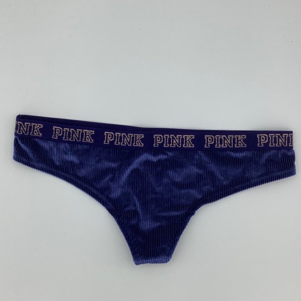 New Victoria’s Secret PINK Lurex Logo Velvet Ribbed Thong Panties - XSmall